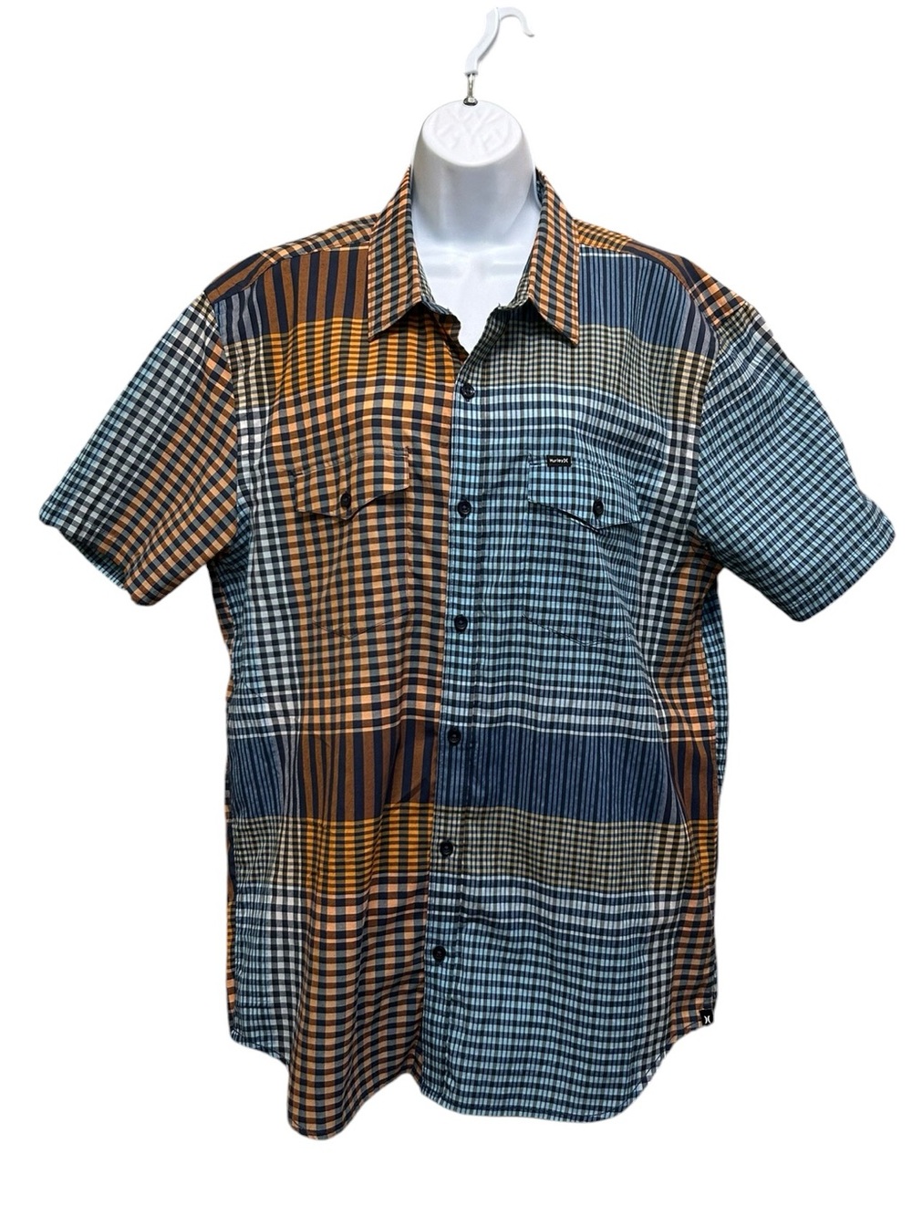 Hurley Orange Blue Plaid Short Sleeve Button Front Shirt Size XL